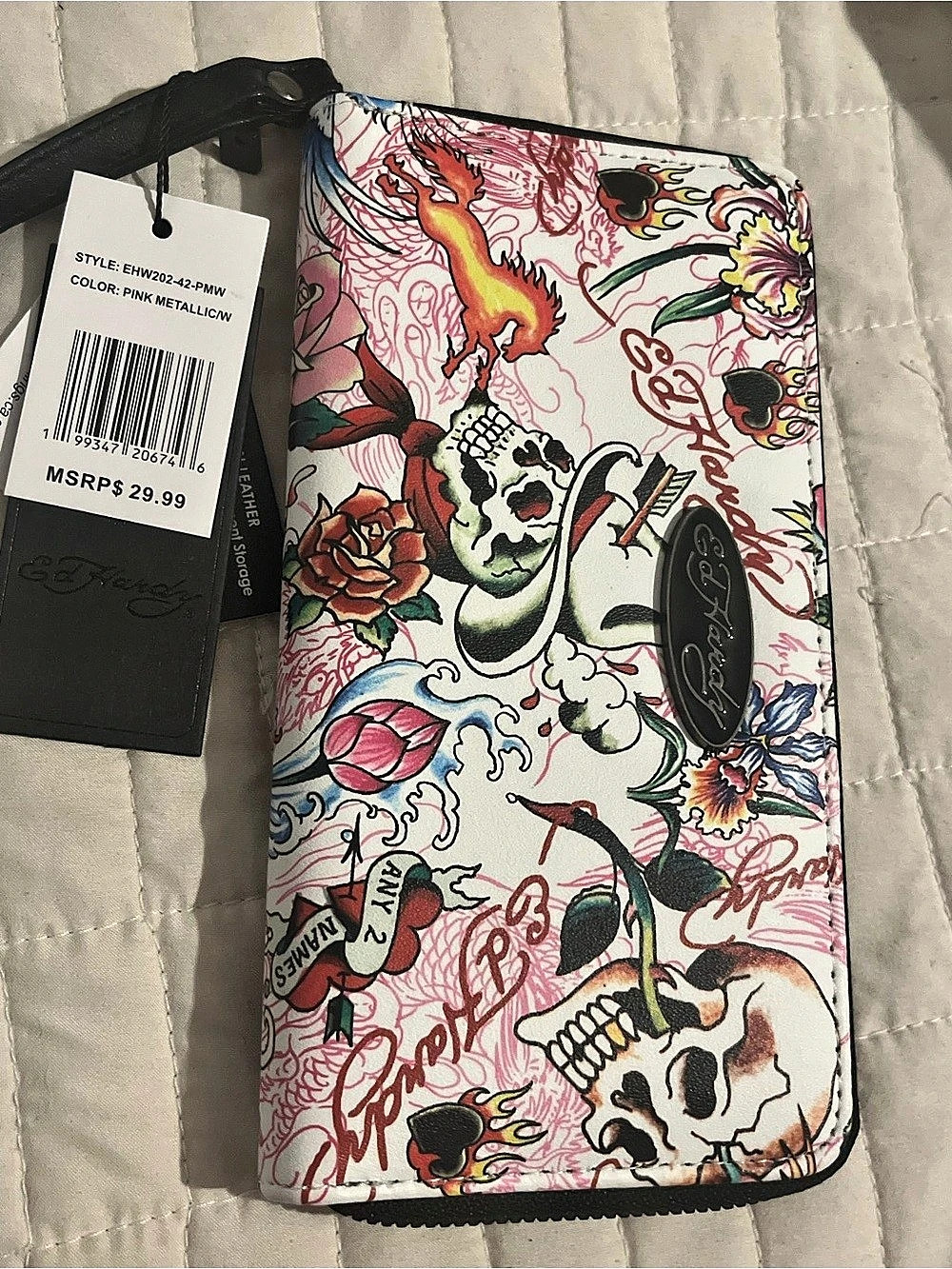 Ed Hardy Tattoo Print Zip Around Wallet Pink Metallic & Black